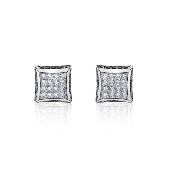 Sterling Silver Black/White CZ Square Stud Earring - Picture 1 of 4